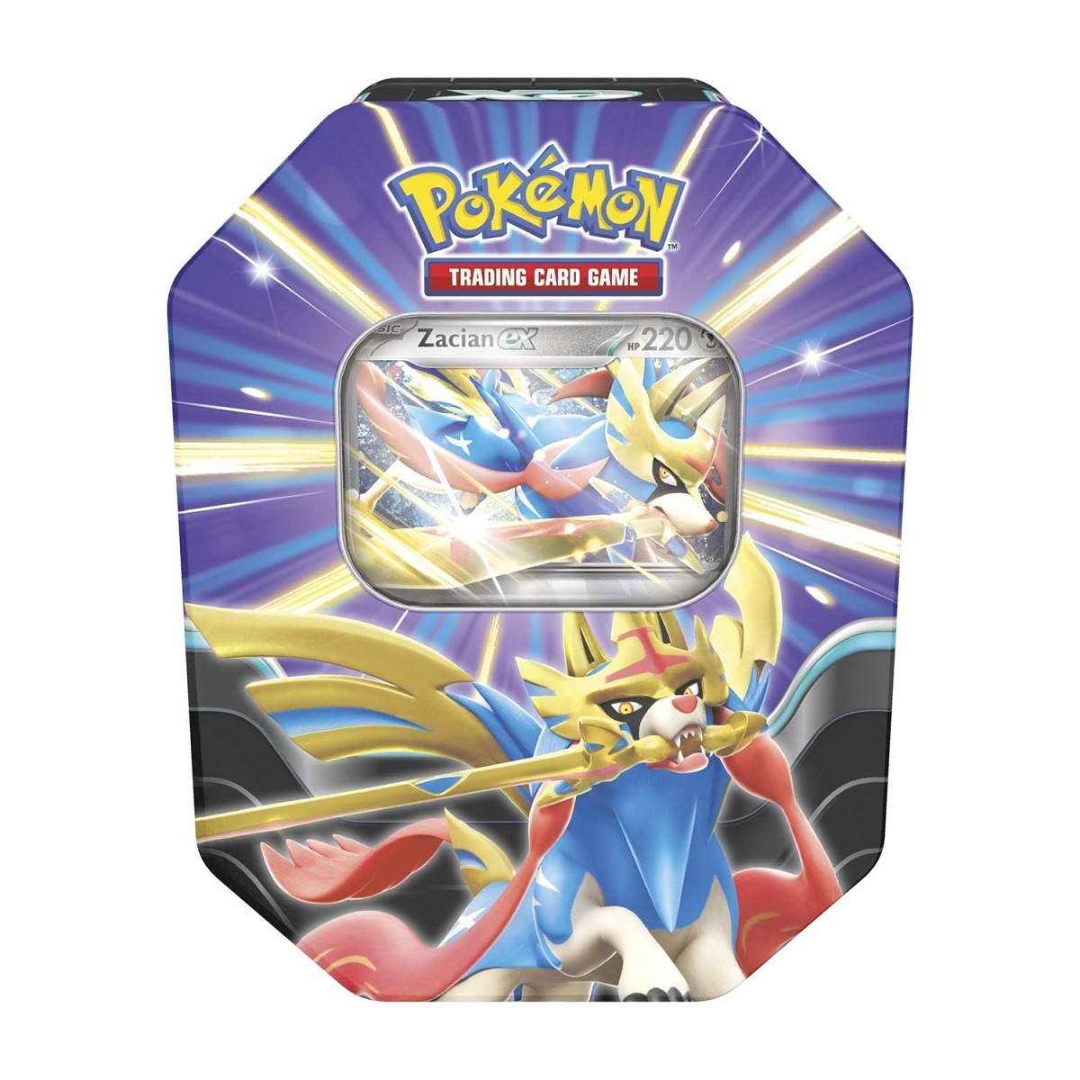 Pokémon Zacian ex Slashing Legends Tin - metalinė dėžutė, 4 papildymai