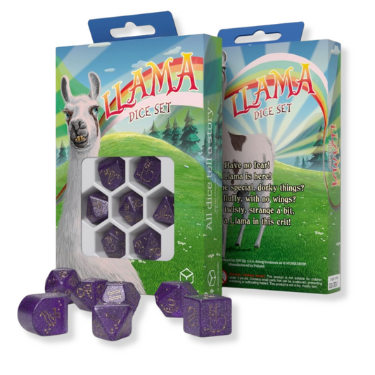 Llama Zippy - violetinių ir auksinių kauliukų rinkinys | Q-Workshop