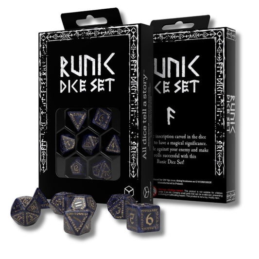 Runic - margos mėlynos ir auksinės spalvos kauliukų rinkinys | Q-Workshop