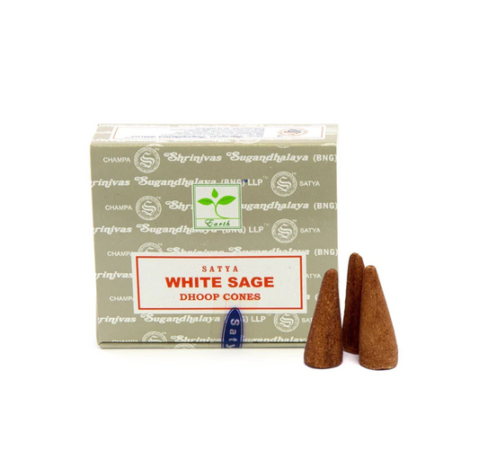 Satya White Sage - 12 kūginių smilkalų su stovu