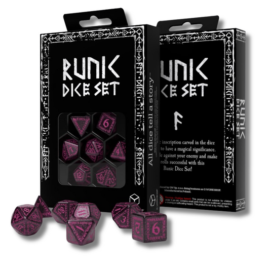 Runic - blizgios juodos ir purpurinės spalvos kauliukų rinkinys | Q-Workshop