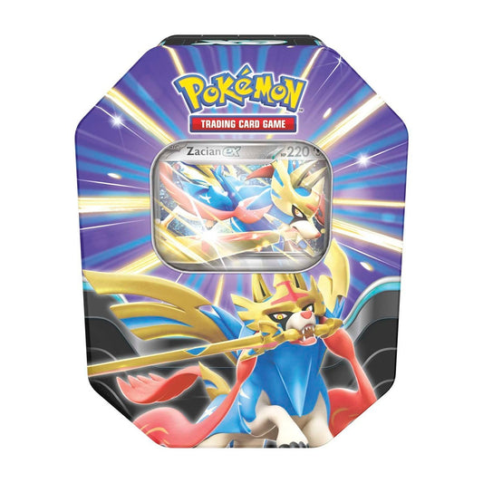 Pokémon Zacian ex Slashing Legends Tin - metalinė dėžutė, 4 papildymai