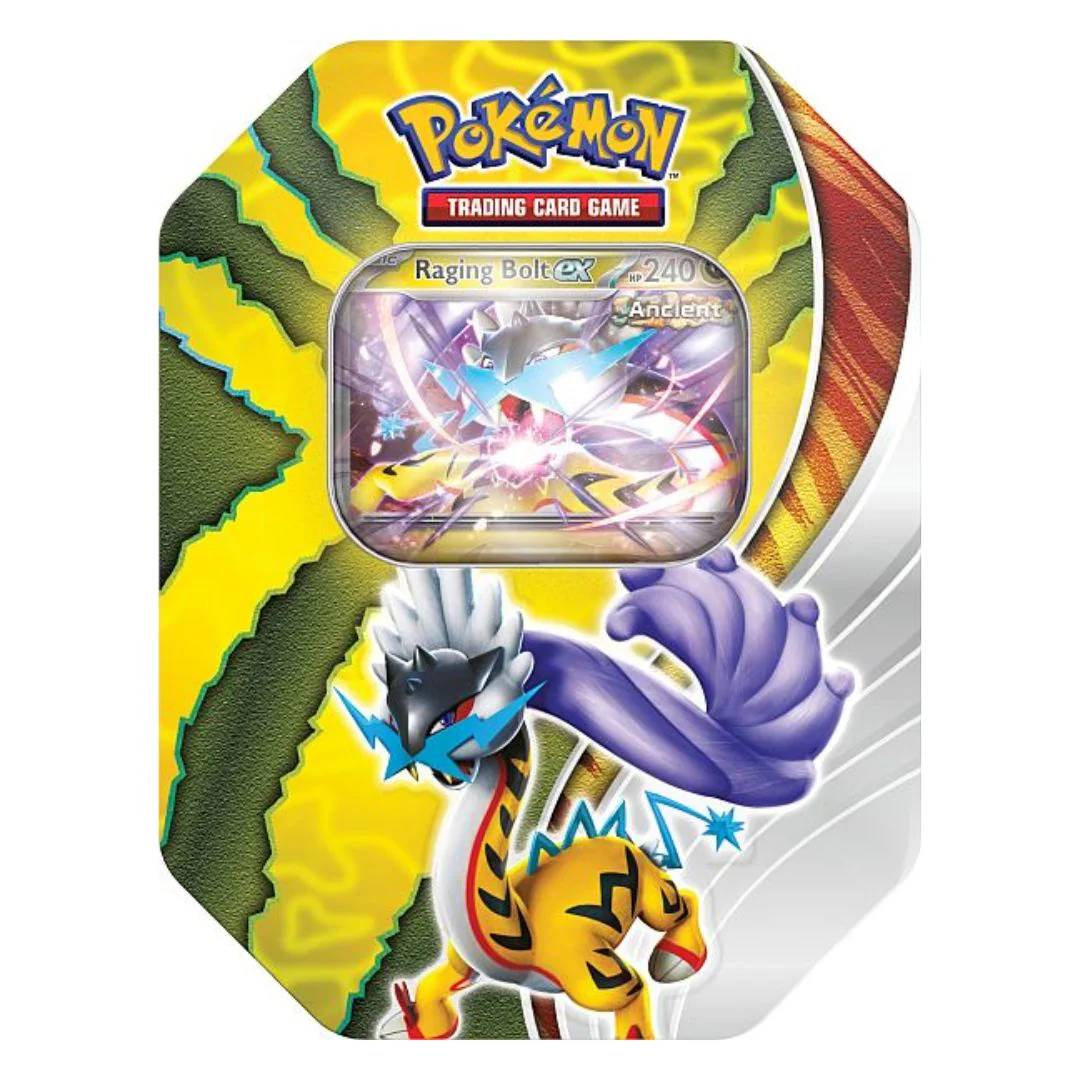 Pokémon Paradox Destinies Raging Bolt ex Tin - kortų rinkinys