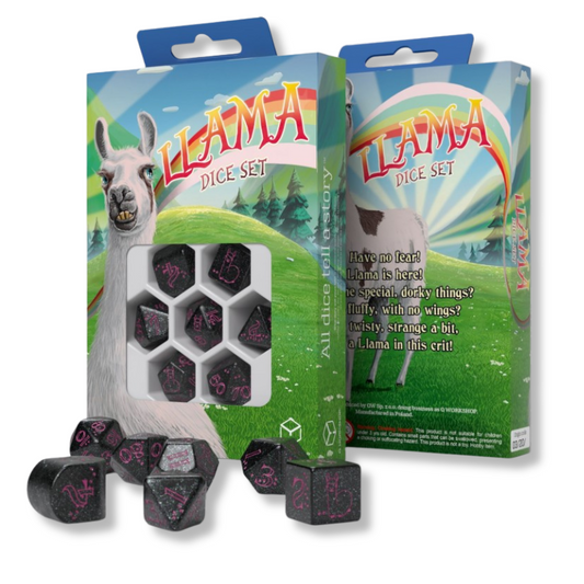 Llama Spitty - juodų ir purpurinių kauliukų rinkinys | Q-Workshop