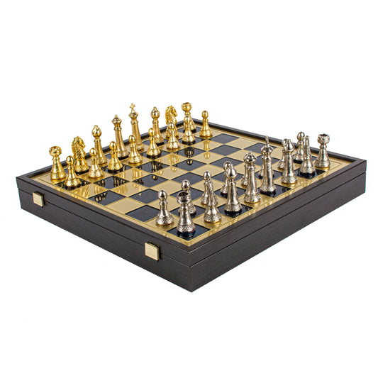 Manopoulos Classic Metal Staunton - mėlyni šachmatai su dėže, 41 cm