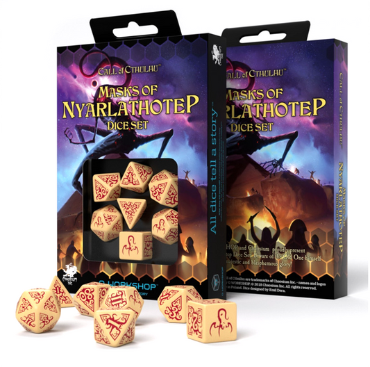 Call Of Cthulhu Masks Of Nyarlathotep - smėliniai ir bordo kauliukai, 7 vnt.