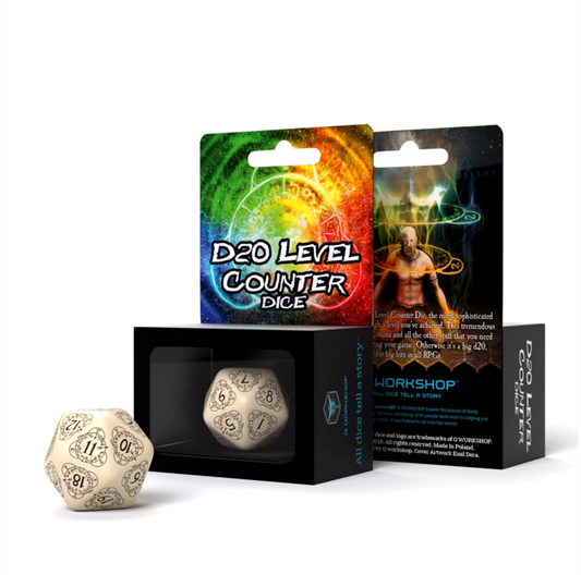 D20 Level Counter - smėlinis ir juodas kauliukas, 1 vnt. | Q-Workshop