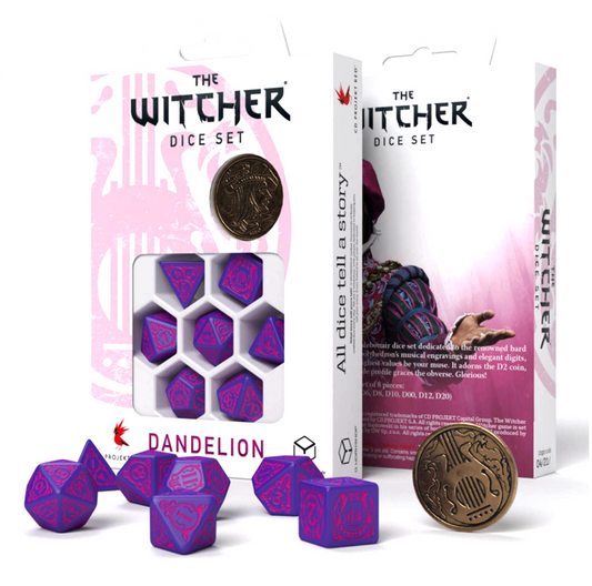 The Witcher Dandelion - violetiniai ir rausvi kauliukai su moneta