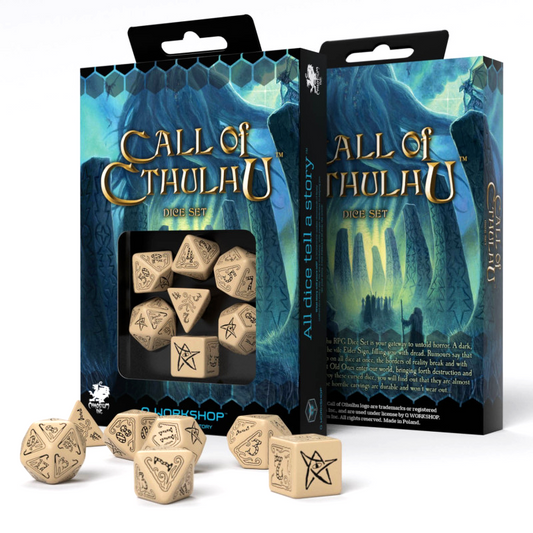 Call Of Cthulhu - smėliniai ir juodi kauliukai, 7 vnt. | Q-Workshop