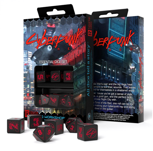 Cyberpunk RED Night City Essential - juodi ir raudoni kauliukai, 6 vnt.