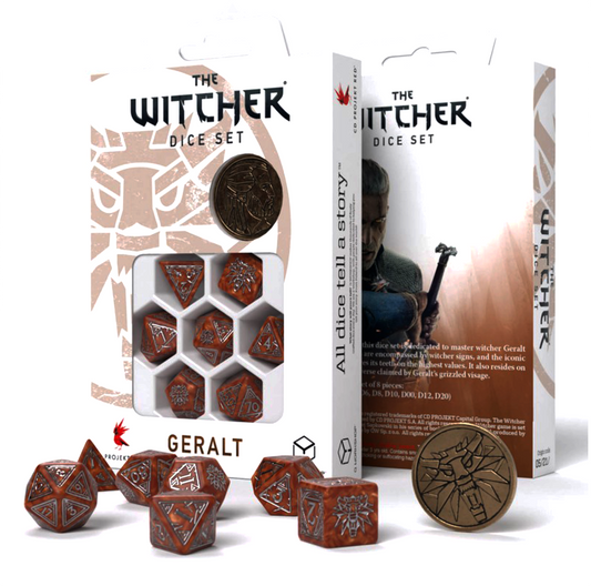 The Witcher Geralt The Monster Slayer - karameliniai ir sidabro kauliukai su moneta