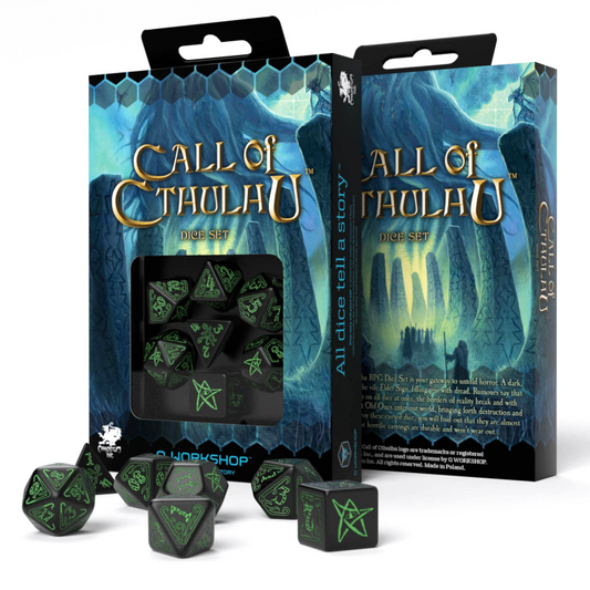 Call Of Cthulhu - juodi ir žali kauliukai, 7 vnt. | Q-Workshop