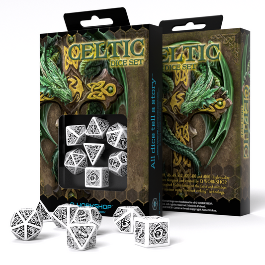 Celtic 3D Revised - balti ir juodi kauliukai, 7 vnt. | Q-Workshop