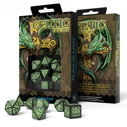 Celtic 3D Revised - juodi ir žali kauliukai, 7 vnt. | Q-Workshop