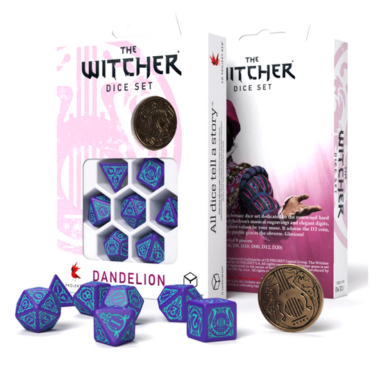 The Witcher Dandelion - violetiniai ir turkio kauliukai su moneta