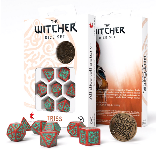 The Witcher Triss Merigold the Fearless - raudoni ir turkio kauliukai su moneta