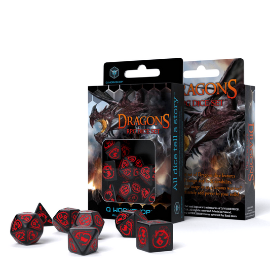 Dragons RPG - juodi ir raudoni kauliukai, 7 vnt. | Q-Workshop