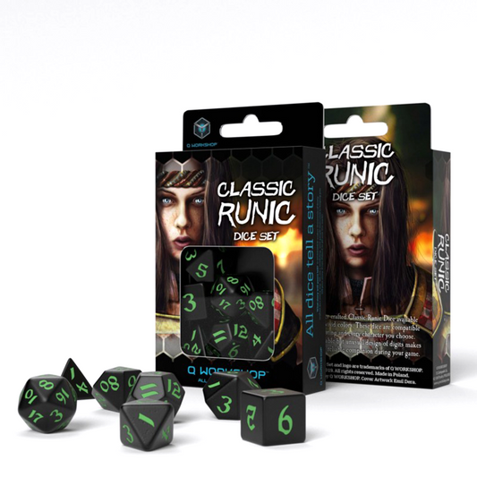 Classic Runic - juodi ir žali kauliukai, 7 vnt. | Q-Workshop