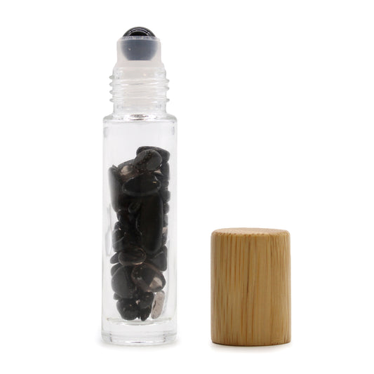 Black Tourmaline - aliejų buteliukas su rutuliniu aplikatoriumi ir mediniu dangteliu