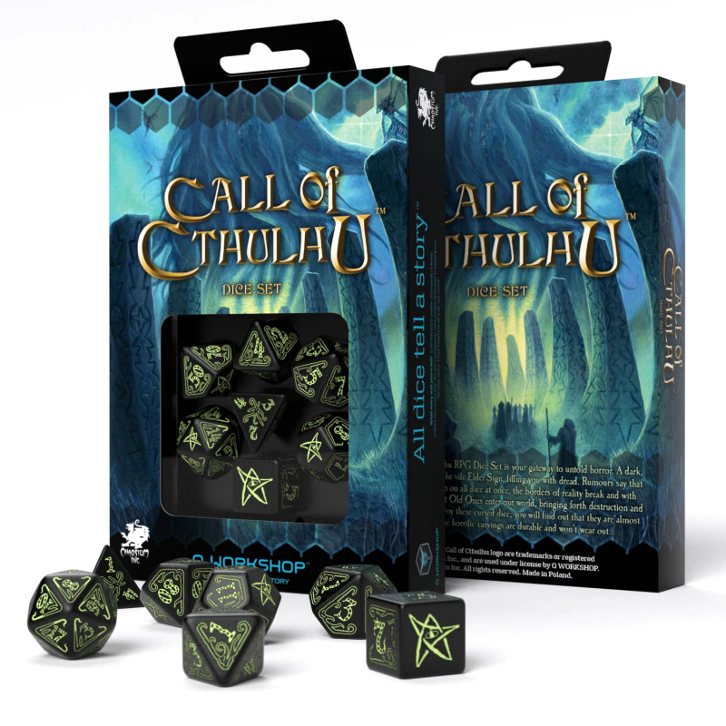 Call Of Cthulhu - juodi kauliukai švytinčiu raštu, 7 vnt. | Q-Workshop