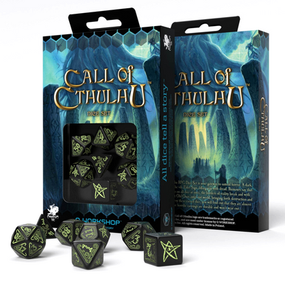 Call Of Cthulhu - juodi kauliukai švytinčiu raštu, 7 vnt. | Q-Workshop