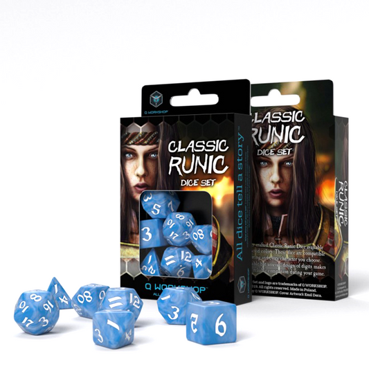 Classic Runic Glacier & White - mėlyni ir balti kauliukai, 7 vnt.