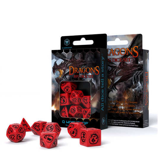 Dragons RPG - raudoni ir juodi kauliukai, 7 vnt. | Q-Workshop