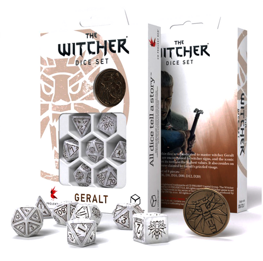 The Witcher Geralt The White Wolf - perlamutriniai ir rudi kauliukai su moneta