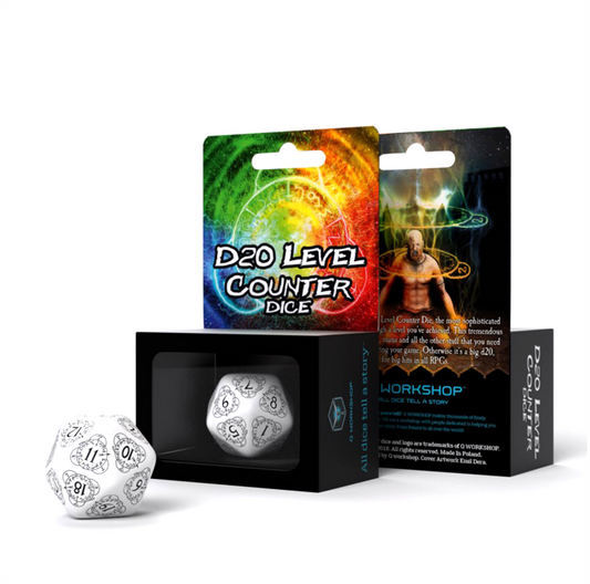 D20 Level Counter - baltas ir juodas kauliukas, 1 vnt. | Q-Workshop