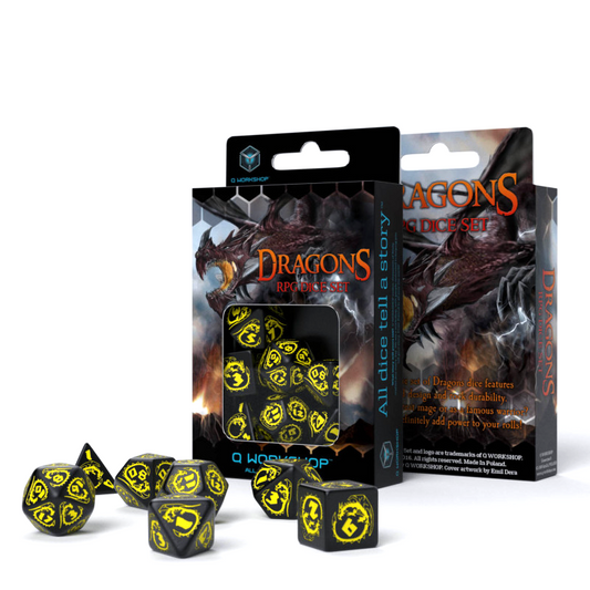 Dragons RPG - juodi ir geltoni kauliukai, 7 vnt. | Q-Workshop