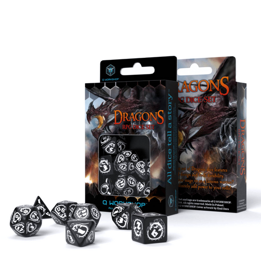 Dragons RPG - juodi ir balti kauliukai, 7 vnt. | Q-Workshop