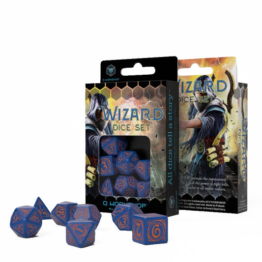 Wizard RPG - tamsiai mėlyni ir oranžiniai kauliukai, 7 vnt. | Q-Workshop