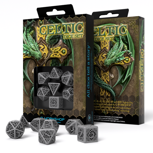 Celtic 3D Revised - pilki ir juodi kauliukai, 7 vnt. | Q-Workshop