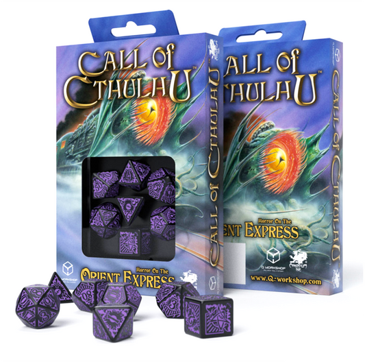 Call Of Cthulhu Horror on the Orient Express - juodi ir violetiniai kauliukai, 7 vnt.