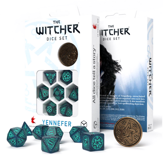 The Witcher Yennefer Sorceress Supreme - tamsiai mėlyni ir turkio kauliukai su moneta