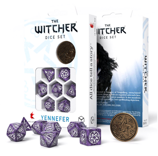 The Witcher Yennefer Lilac and Gooseberries - levandų ir balti kauliukai su moneta